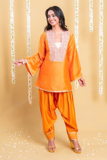 Grass & Sunshine_Orange Chanderi Embroidery, Lace Split Amber Glow Kurta And Farshi Pant Co-ord Set _at_Aza_Fashions