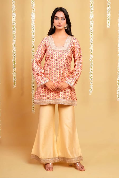 Grass & Sunshine_Pink Chanderi Lace, Embroidery, Zari, Rose Twilight Printed Kurta Sharara Set _Online_at_Aza_Fashions