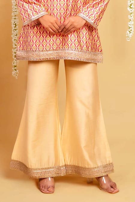 Buy_Grass & Sunshine_Pink Chanderi Lace, Embroidery, Zari, Rose Twilight Printed Kurta Sharara Set _Online_at_Aza_Fashions