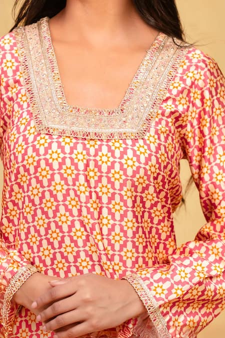 Shop_Grass & Sunshine_Pink Chanderi Lace, Embroidery, Zari, Rose Twilight Printed Kurta Sharara Set _Online_at_Aza_Fashions
