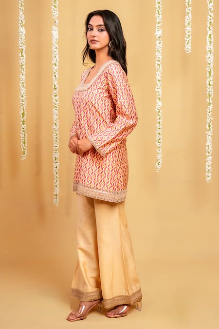 Grass & Sunshine_Pink Chanderi Lace, Embroidery, Zari, Rose Twilight Printed Kurta Sharara Set _at_Aza_Fashions