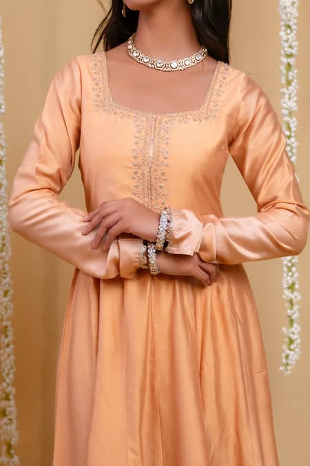 Buy_Grass & Sunshine_Beige Chanderi Embroidery, Lace Square Neck Golden Serenade Anarkali Set _Online_at_Aza_Fashions
