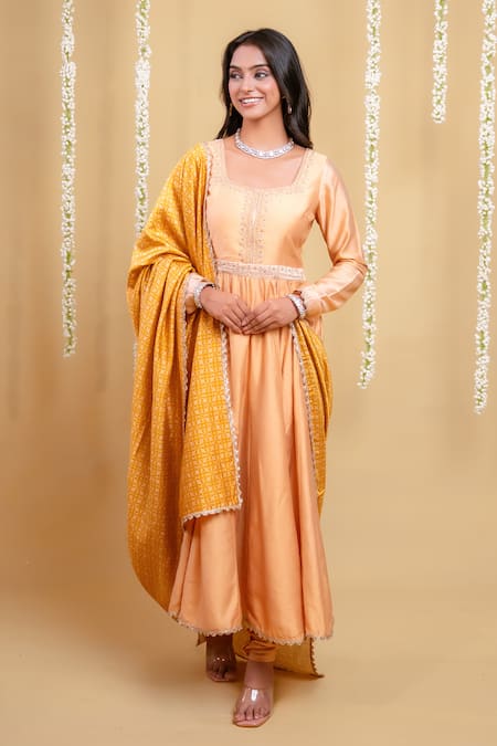 Shop_Grass & Sunshine_Beige Chanderi Embroidery, Lace Square Neck Golden Serenade Anarkali Set _Online_at_Aza_Fashions