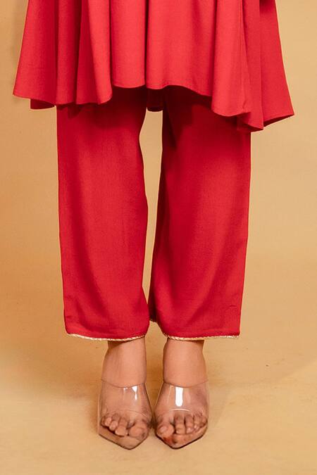 Grass & Sunshine_Coral Viscose Embroidery, Lace Split Crimson Glow Flared Kurta And Pant Co-ord Set _Online_at_Aza_Fashions