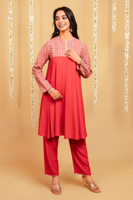 Grass & Sunshine Crimson Glow Flared Kurta & Pant Co-ord Set 