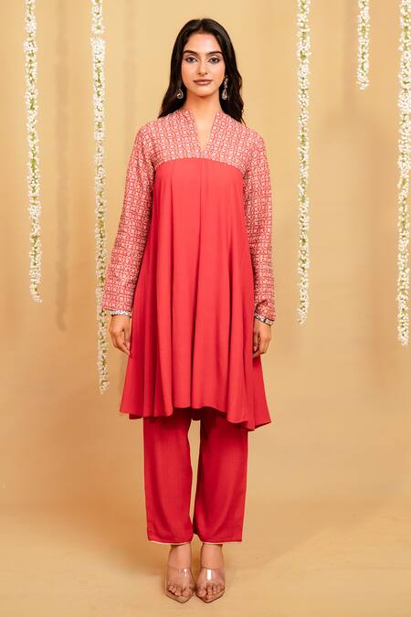 Buy_Grass & Sunshine_Coral Viscose Embroidery, Lace Split Crimson Glow Flared Kurta And Pant Co-ord Set _Online_at_Aza_Fashions