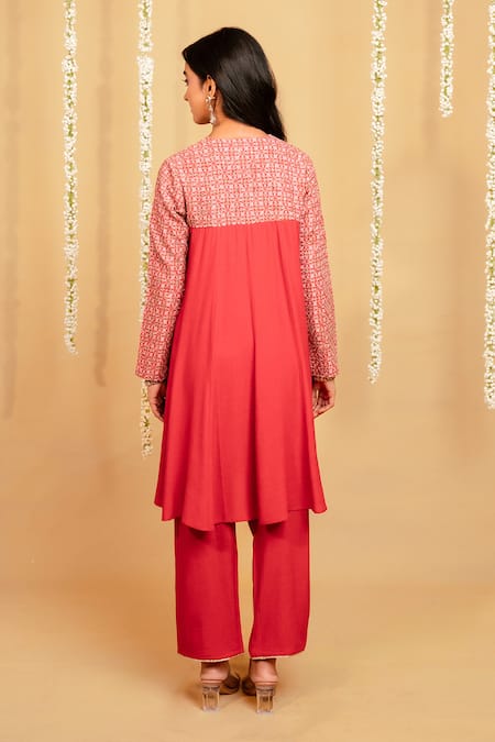 Grass & Sunshine Crimson Glow Flared Kurta & Pant Co-ord Set 