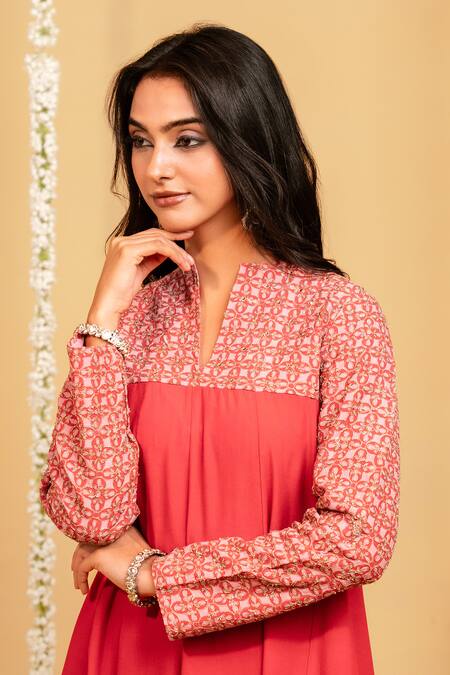 Grass & Sunshine_Coral Viscose Embroidery, Lace Split Crimson Glow Flared Kurta And Pant Co-ord Set _at_Aza_Fashions