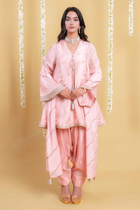 Shop_Grass & Sunshine_Pink Viscose Lace, Embroidery, Tassels, Zari Blush Horizon Bell Sleeve Kurta Set _Online_at_Aza_Fashions