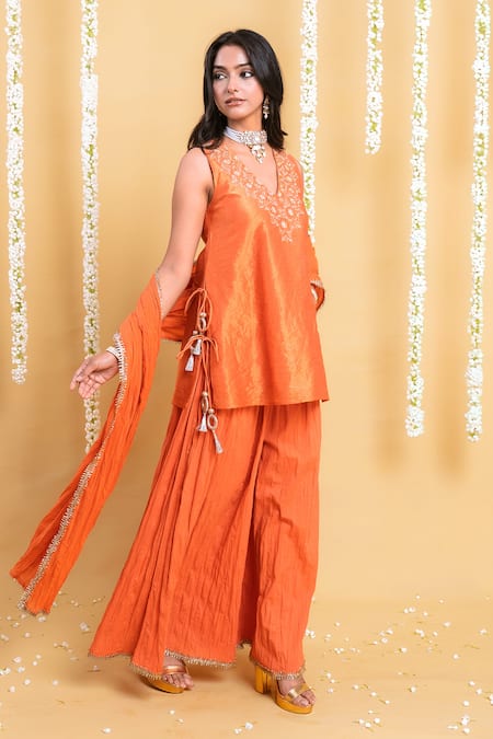 Buy_Grass & Sunshine_Rust Viscose Embroidery, Tassels, Lace V-neck Radiance Crinkled Sharara Set _Online_at_Aza_Fashions