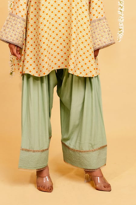 Buy_Grass & Sunshine_Beige Viscose Embroidery V-neck Meadow Bloom Kurta And Farshi Salwar Set _Online_at_Aza_Fashions