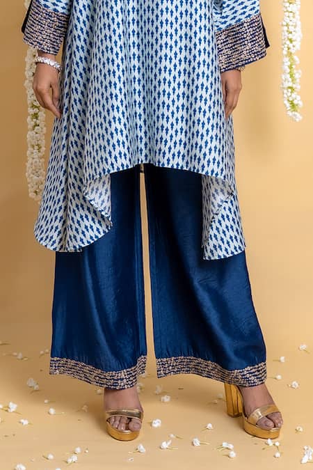 Grass & Sunshine_Blue Chanderi Embroidery V-neck Indigo Breeze Asymmetric Kurta And Palazzo Set _Online_at_Aza_Fashions