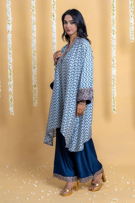Buy_Grass & Sunshine_Blue Chanderi Embroidery V-neck Indigo Breeze Asymmetric Kurta And Palazzo Set _Online_at_Aza_Fashions