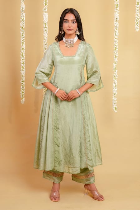 Grass & Sunshine_Green Viscose Embroidery, Lace, Tassels Mint Serenity Side Gathered Kurta Set _Online_at_Aza_Fashions