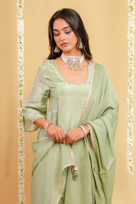 Shop_Grass & Sunshine_Green Viscose Embroidery, Lace, Tassels Mint Serenity Side Gathered Kurta Set _Online_at_Aza_Fashions