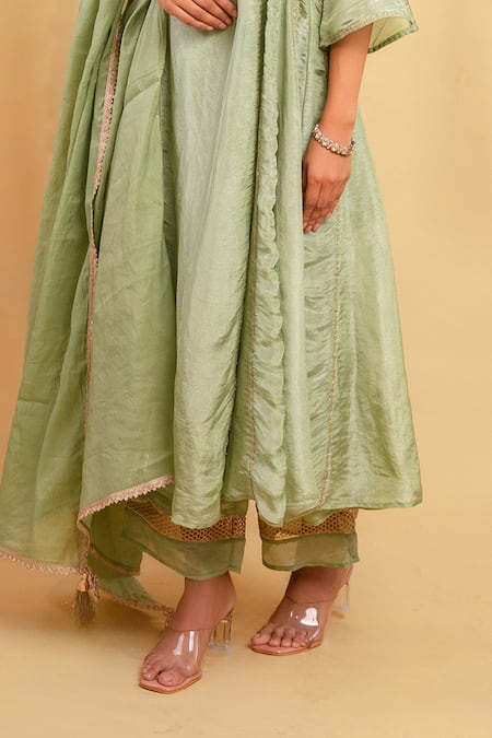 Grass & Sunshine_Green Viscose Embroidery, Lace, Tassels Mint Serenity Side Gathered Kurta Set _at_Aza_Fashions