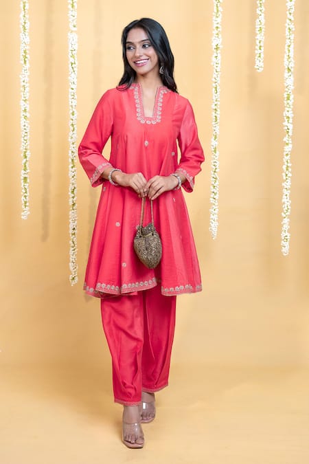 Shop_Grass & Sunshine_Coral Chanderi Embroidery Split V-neck Dawn Kurta And Pant Co-ord Set _Online_at_Aza_Fashions