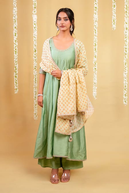 Buy_Grass & Sunshine_Green Chanderi Embroidery, Lace, Tassels Aqua Serenity Anarkarli Palazzo Set _Online_at_Aza_Fashions