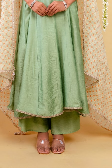 Shop_Grass & Sunshine_Green Chanderi Embroidery, Lace, Tassels Aqua Serenity Anarkarli Palazzo Set _Online_at_Aza_Fashions