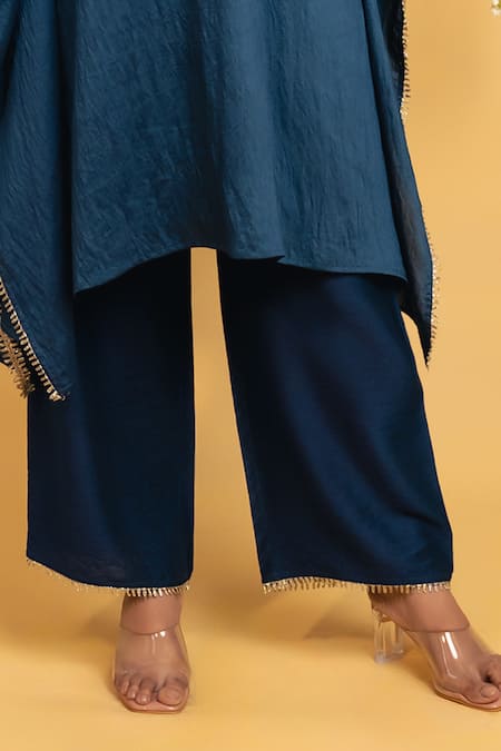 Grass & Sunshine_Blue Chanderi Embroidery Split V-neck Midnight Bloom Kaftan And Pant Set _Online_at_Aza_Fashions