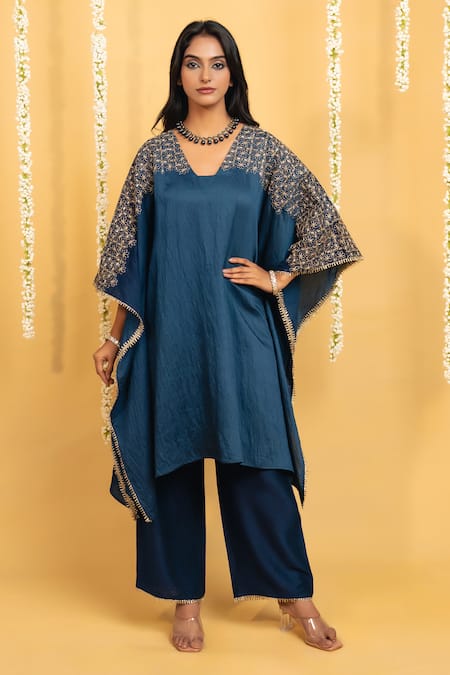 Grass & Sunshine Midnight Bloom Embroidered Kaftan & Pant Set 