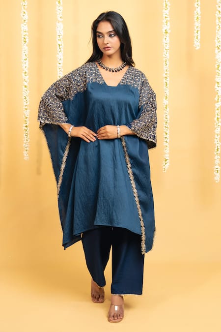 Buy_Grass & Sunshine_Blue Chanderi Embroidery Split V-neck Midnight Bloom Kaftan And Pant Set _Online_at_Aza_Fashions