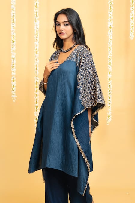 Shop_Grass & Sunshine_Blue Chanderi Embroidery Split V-neck Midnight Bloom Kaftan And Pant Set _Online_at_Aza_Fashions