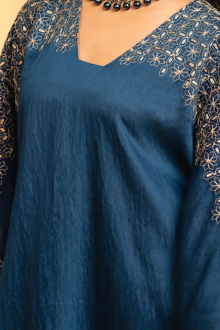 Grass & Sunshine_Blue Chanderi Embroidery Split V-neck Midnight Bloom Kaftan And Pant Set _at_Aza_Fashions