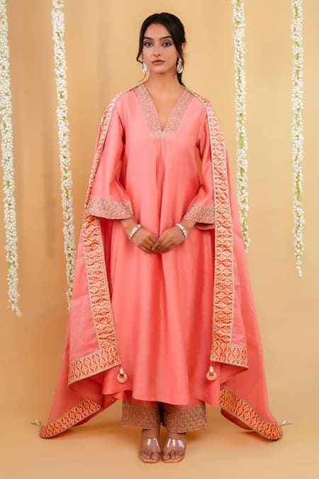 Grass & Sunshine Rose Glow Chanderi Kurta Pant Set 