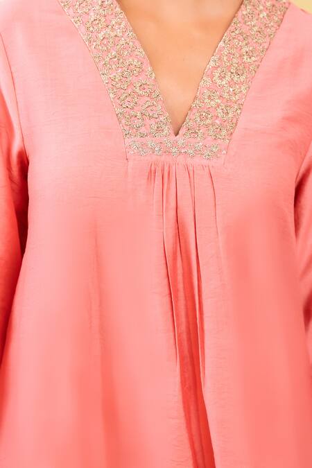 Shop_Grass & Sunshine_Pink Chanderi Embroidery, Tassels V-neck Rose Glow Kurta Pant Set _Online_at_Aza_Fashions