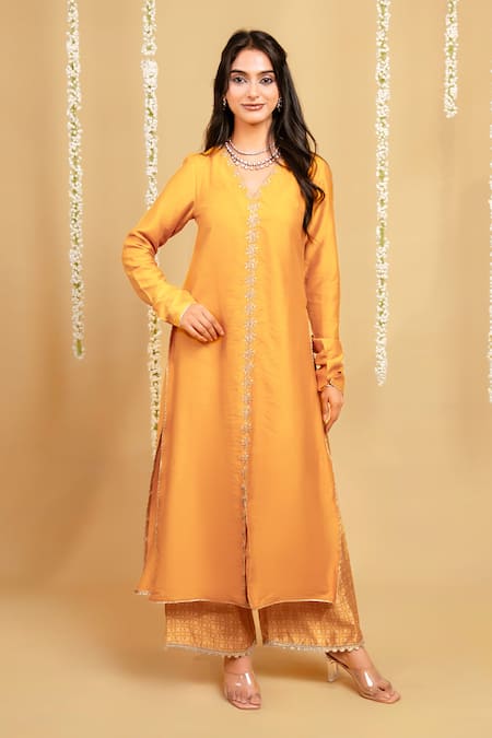 Grass & Sunshine Marigold Glow Chanderi Kurta & Palazzo Set 