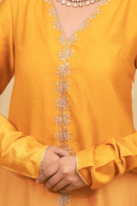Shop_Grass & Sunshine_Mustard Chanderi Embroidery V-neck Marigold Glow Kurta And Palazzo Set _Online_at_Aza_Fashions