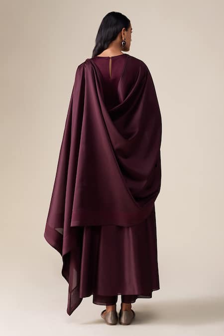 Shop_Ampm_Burgundy Chanderi Embroidery Round Neck Dilana Quilted Anarkali Set 