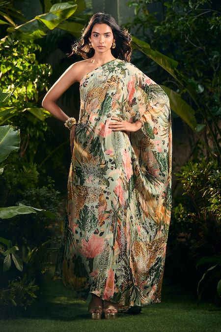 Aza X Shilpa Shetty Kundra Tropical Print One Shoulder Kaftan 