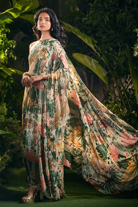 Aza X Shilpa Shetty Kundra Tropical Print One Shoulder Kaftan 