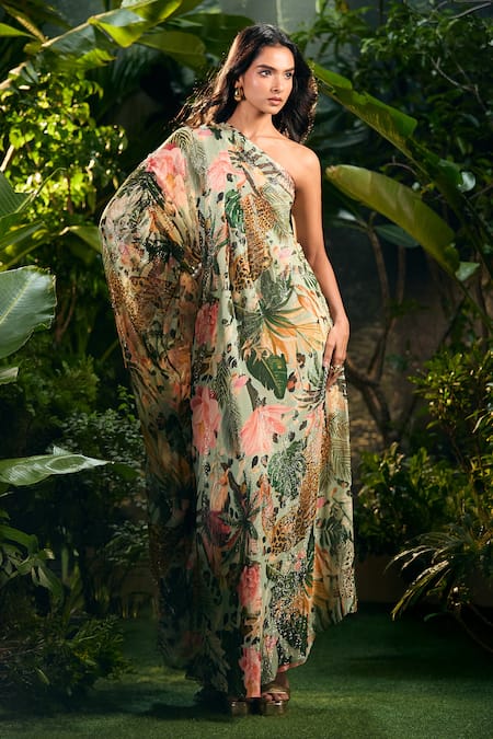 Buy_Aza X Shilpa Shetty Kundra_Green Lurex, Georgette One Shoulder Tropical Print Kaftan _Online_at_Aza_Fashions