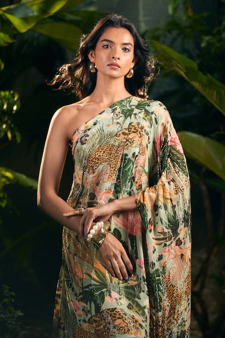 Shop_Aza X Shilpa Shetty Kundra_Green Lurex, Georgette One Shoulder Tropical Print Kaftan 