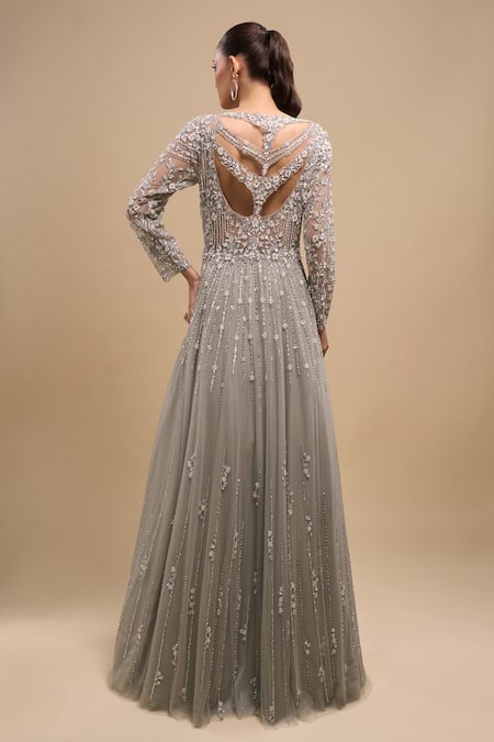 Shop Azeera Blue Net Sequins, Embroidery V-neck Hand Gown at Aza Fashions Shop_Azeera_Blue Net Sequins, Embroidery V-neck Hand Gown _at_Aza_Fashions