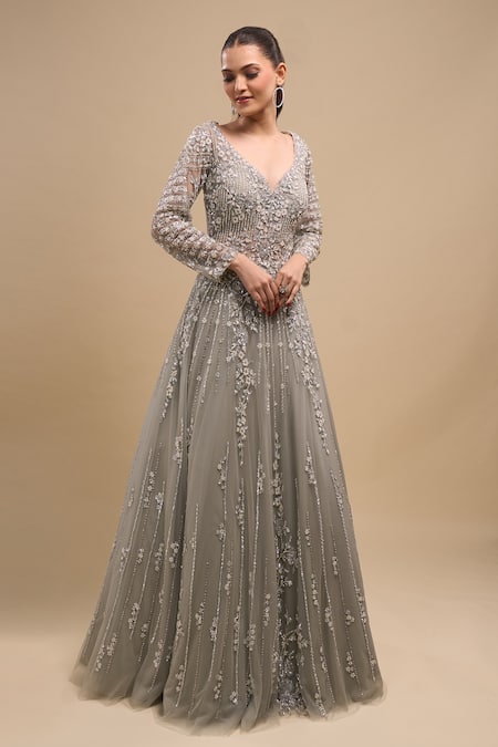 Shop Azeera Blue Net Sequins, Embroidery V-neck Hand Gown Online at Aza Fashions Shop_Azeera_Blue Net Sequins, Embroidery V-neck Hand Gown _Online_at_Aza_Fashions