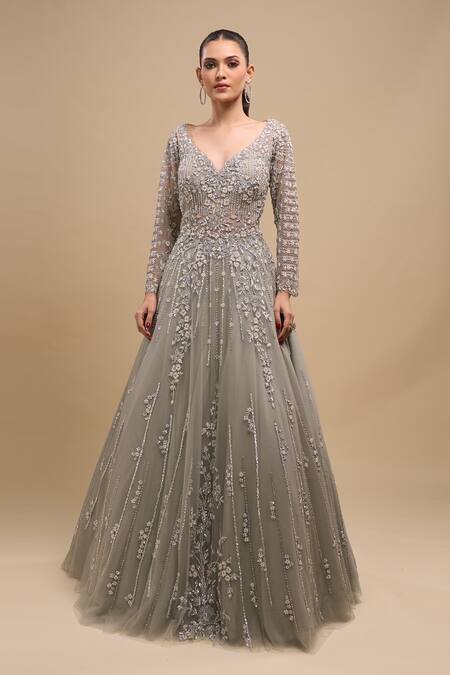 Buy Azeera Blue Net Sequins, Embroidery V-neck Hand Gown Buy_Azeera_Blue Net Sequins, Embroidery V-neck Hand Gown