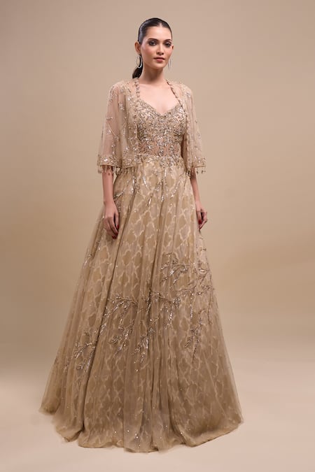 Azeera_Beige Net Sequins, Beads Sweetheart , Open Embroidered Gown With Cape _Online_at_Aza_Fashions