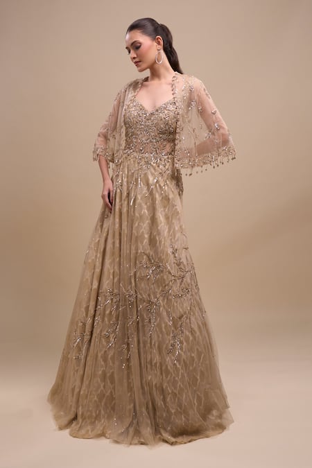 Buy_Azeera_Beige Net Sequins, Beads Sweetheart , Open Embroidered Gown With Cape _Online_at_Aza_Fashions