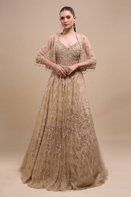 Azeera Sequin Embroidered Gown With Cape 