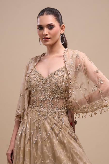 Azeera_Beige Net Sequins, Beads Sweetheart , Open Embroidered Gown With Cape _at_Aza_Fashions