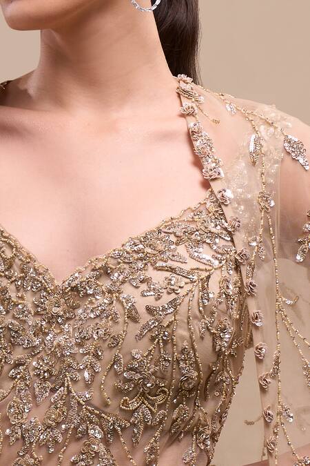 Buy_Azeera_Beige Net Sequins, Beads Sweetheart , Open Embroidered Gown With Cape 