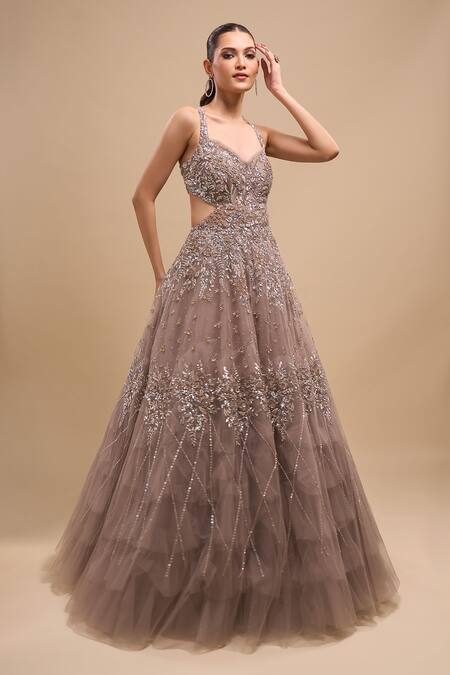 Azeera_Gray Net Sequins, Embroidery V-neck Ball Gown _Online_at_Aza_Fashions