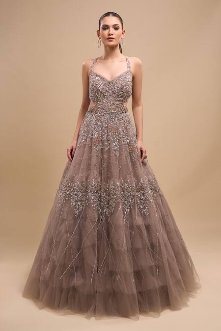 Shop_Azeera_Gray Net Sequins, Embroidery V-neck Ball Gown _Online_at_Aza_Fashions