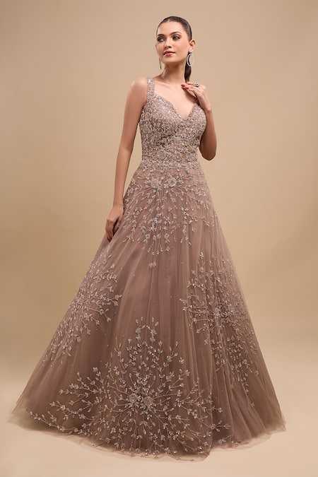 Azeera_Mauve Net Sequins, Beads V-neck Work Ball Gown _Online_at_Aza_Fashions