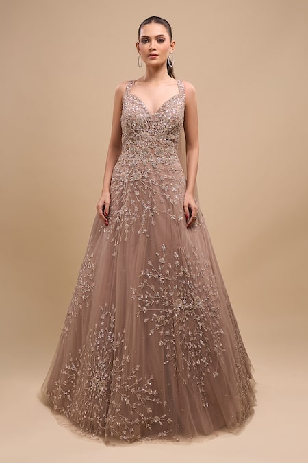 Buy_Azeera_Mauve Net Sequins, Beads V-neck Work Ball Gown _Online_at_Aza_Fashions