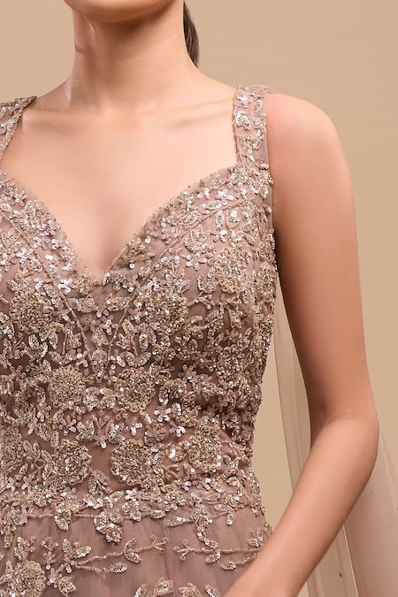 Azeera_Mauve Net Sequins, Beads V-neck Work Ball Gown _at_Aza_Fashions